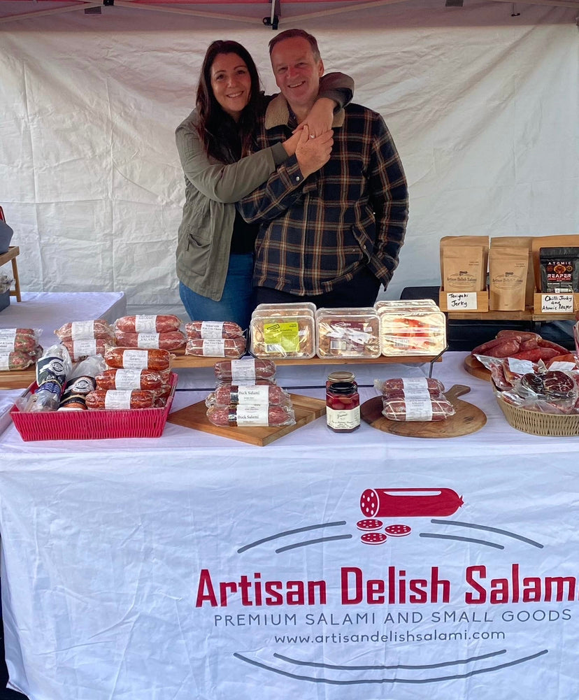 Melissa, the owner of Artisan Delish Salami, with her Fiance at their market stall