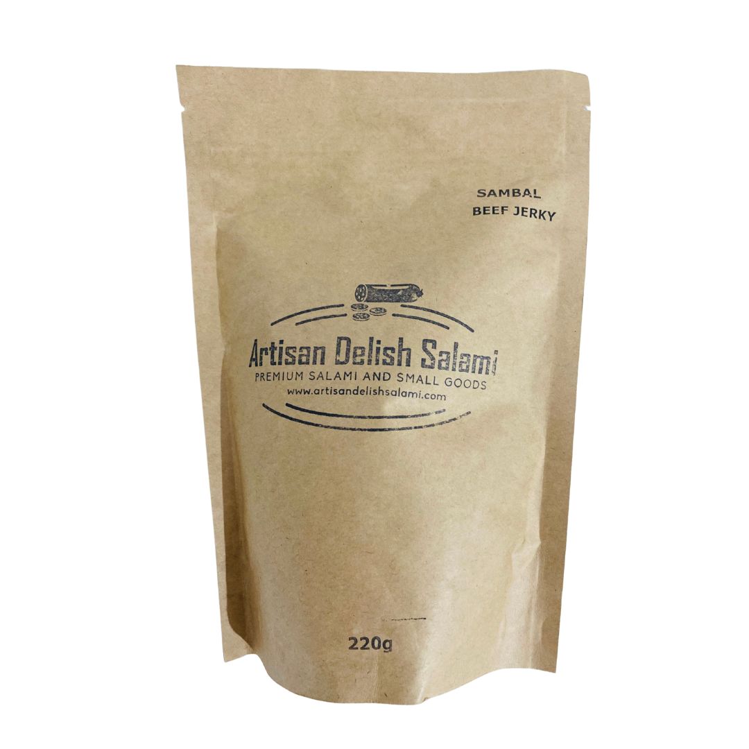 Artisan Delish Salami house made sambal beef jerky in brown paper packaging