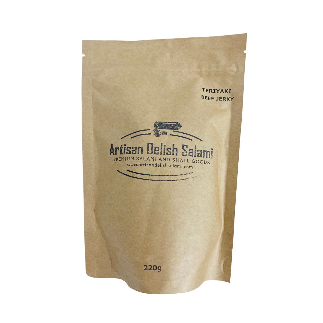 Artisan Delish's Teriyaki Beef Jerky in brown paper packaging