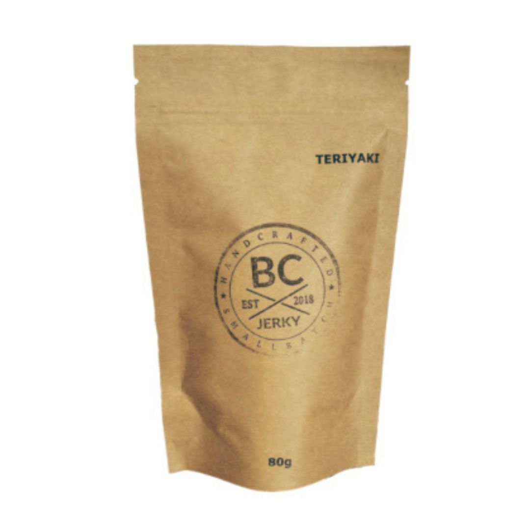 BC Jerky's teriyaki beef jerky in brown paper packaging