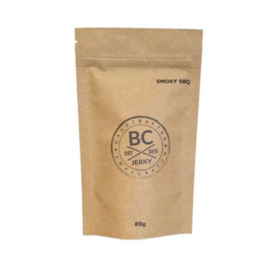 BC Jerky's Smoky BBQ Beef Jerky in brown paper packaging