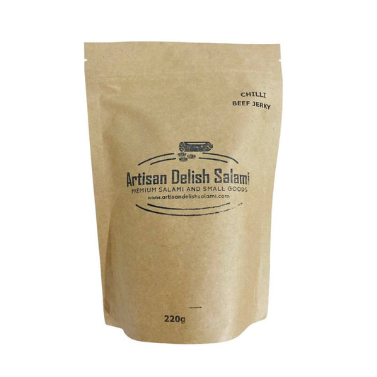 Artisan Delish Salami's house made beef jerky in 220g brown packaging