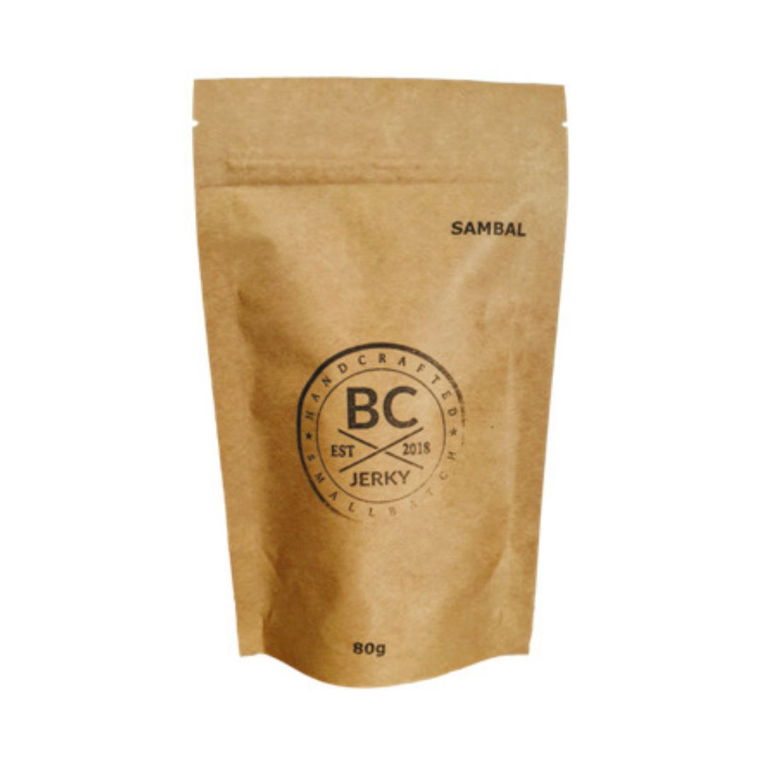 BC's Sambal Beef Jerky in brown paper packaging